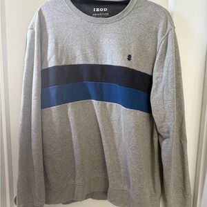 Izod Crewneck Sweater in Gray with Black and Blue Stripes